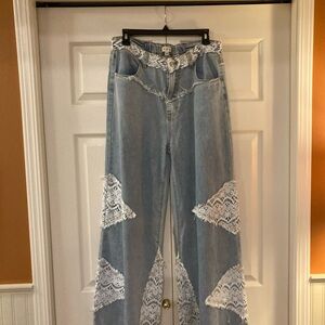 POL Blue Lace-Accent Wide Flare Jeans